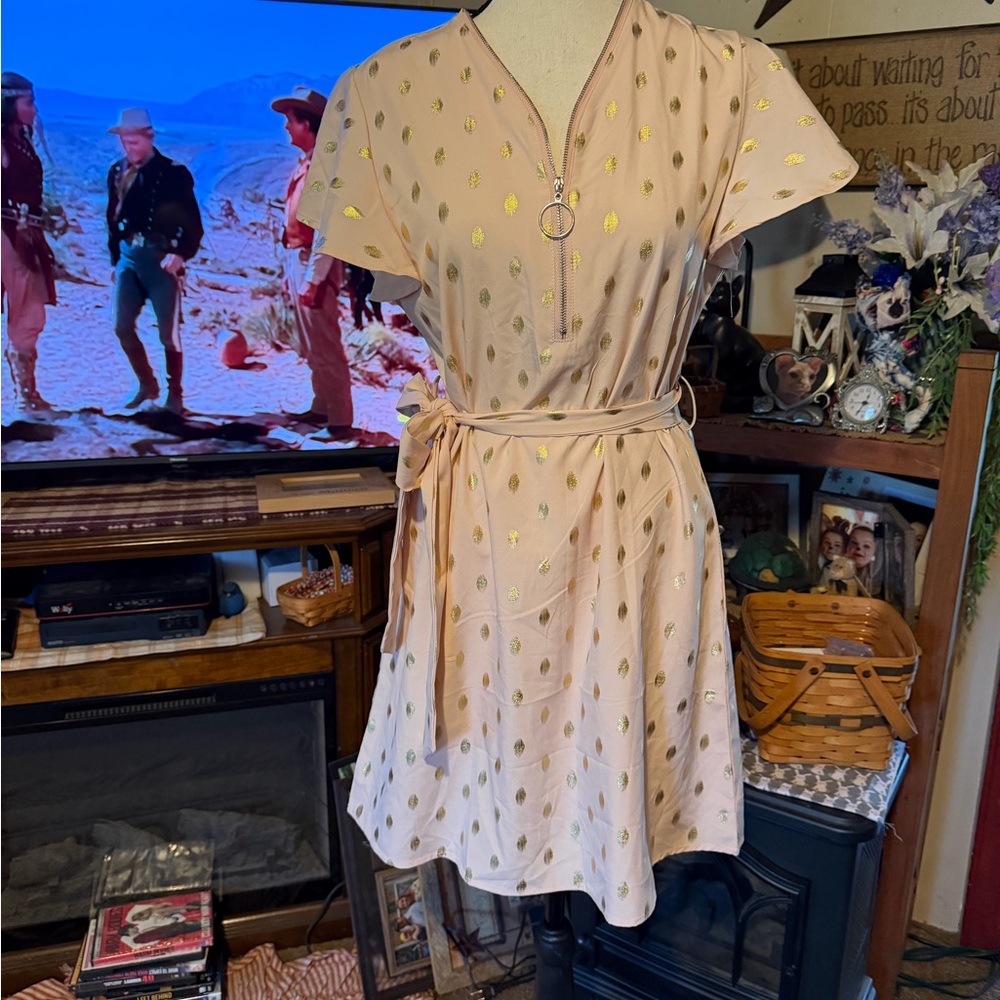 Women’s Pink Gold Dot V-Neck Tie-Waist Dress